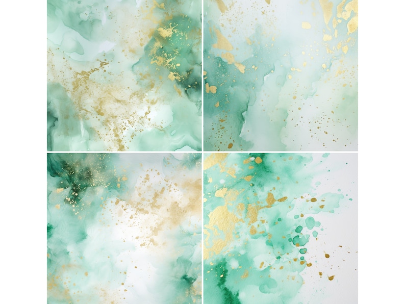K&ouml;nnte beinhalten: Abstrakter Aquarellhintergrund mit gr&uuml;nen und goldenen Farbspritzern. Der Hintergrund ist hellgr&uuml;n mit dunkleren gr&uuml;nen und goldenen Spritzern &uuml;ber die gesamte Fl&auml;che verteilt. Die goldenen Spritzer sind klein und &uuml;ber den gesamten Hintergrund verteilt.