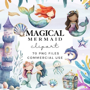 Ensemble de cliparts sirène - aquarelle sous la mer Clipart Bundle - sirène lunatique PNGs pour usage commercial - clipart mignon créatures marines