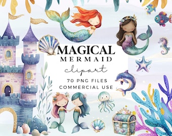 Mermaid Clipart Set - Watercolour Under the Sea Clipart Bundle - Whimsical Mermaid PNGs for Commercial Use - Cute Sea Creatures Clip Art