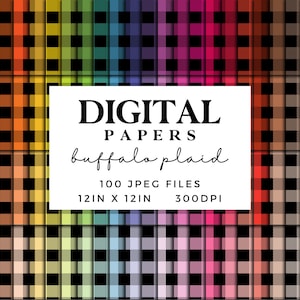 Black Buffalo Plaid Digital Paper in 100 Colours - Seamless Pattern Scrapbook Paper - Check Printable Papers Rainbow Colors JPEG
