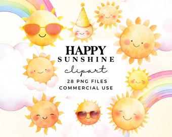 Cute Sun Clipart Bundle - Happy Sunshine Clipart Set - Watercolour Clip Art - First Trip Around the Sun - Commercial Use