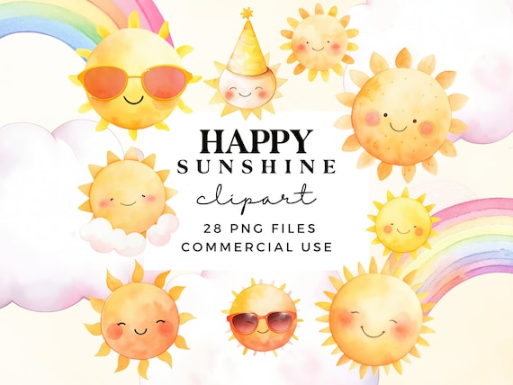 Cute Sun Clipart Bundle - Happy Sunshine Clipart Set - Watercolour Clip Art - First Trip Around the Sun - Commercial Use