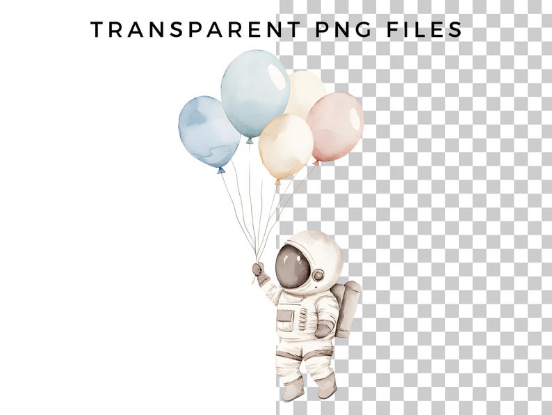 Puede incluir: Una ilustraci&oacute;n de acuarela de un astronauta sujetando un ramo de globos de colores pastel. Los globos son azules, azul claro, rosas y crema.