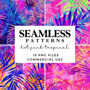 May include: A set of 18 seamless digital patterns featuring hot pink tropical leaves in various shades of blue, yellow, and green. The text "SEAMLESS PATTERNS hot pink tropical 18 PNG FILES COMMERCIAL USE" is displayed in the centre of the image.