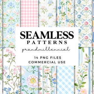 Peut inclure: Une collection de 14 motifs sans couture avec des motifs floraux et vichy. Les motifs présentent des illustrations à l'aquarelle de fleurs, de feuilles et de rayures aux couleurs pastel. Le texte sur l'image indique "SEAMLESS PATTERNS grandmillennial 14 PNG FILES COMMERCIAL USE."