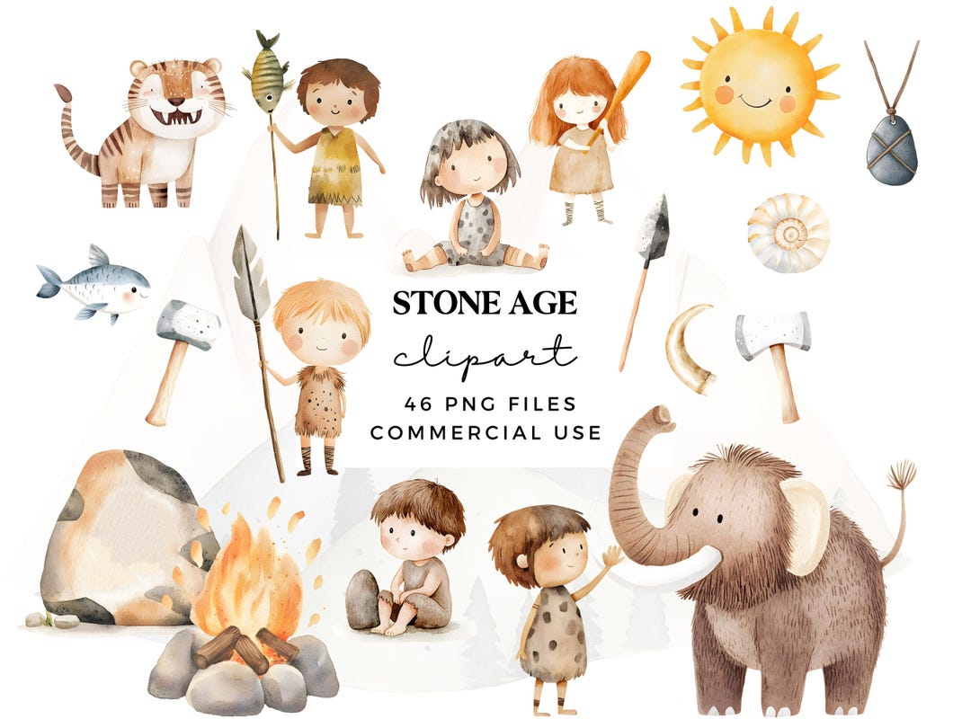 Cute Stone Age Clipart Set - Prehistoric Watercolor Kids & Animals ...