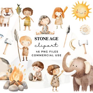 Cute Stone Age Clipart Set - Prehistoric Watercolor Kids & Animals - Caveman PNG Bundle for Stickers, Invitations and Crafts Commercial Use
