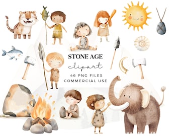 Lindo conjunto de imágenes prediseñadas de la Edad de Piedra - Acuarela prehistórica para niños y animales - Paquete PNG de cavernícola para pegatinas, invitaciones y manualidades para uso comercial