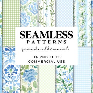 Grandmillennial Seamless Patterns - Floreale pastello, Gingham e strisce - Carta per album digitale vintage chic per artigianato - Motivi ripetuti