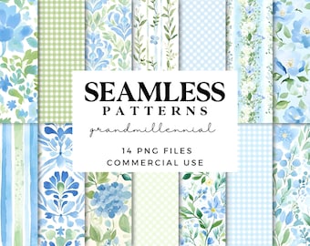 Grandmillennial Seamless Patterns - Pastel Floral, Gingham & Stripes - Vintage Chic Digital Scrapbook Paper for Crafts - Repeating Patterns