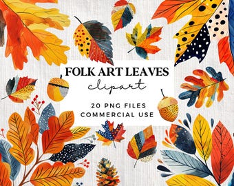 Autumn Leaves Clipart - Folk Art Fall Leaf Clip Art - Thanksgiving Clipart - Commercial Use - Transparent PNG - Maple Leaf Clipart