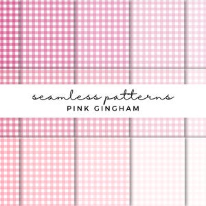 May include: A collection of pink gingham seamless patterns in various shades, from deep to light. The patterns are arranged in a grid, with the words "seamless patterns PINK GINGHAM" in a white banner across the image. The overall theme is fabric design.