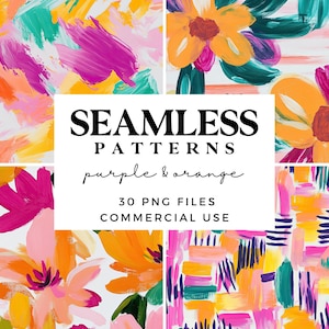 Papel para álbum de recortes con estampados florales sin costuras en tonos morados y naranjas, papel con fondo rayado y diseños de sublimación.
