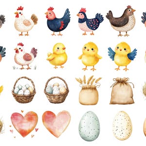 May include: Watercolor illustrations of chickens, chicks, eggs, and nests. The illustrations are in a variety of colors, including brown, white, yellow, blue, and red. The illustrations are perfect for use in crafting projects, scrapbooking, or as digital clipart.