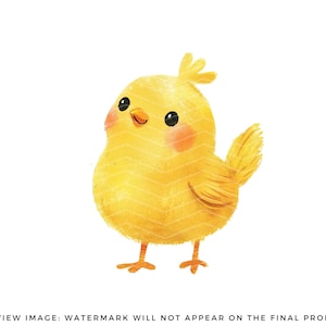 May include: A cute yellow chick with a fluffy body and small black eyes. The chick has a pink blush on its cheeks and is standing on a white background.