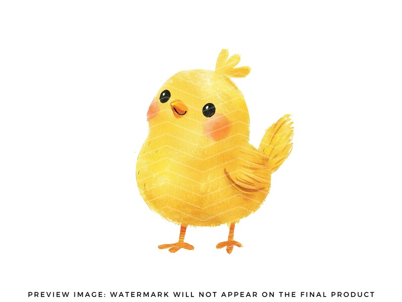 May include: A cute yellow chick with a fluffy body and small black eyes. The chick has a pink blush on its cheeks and is standing on a white background.