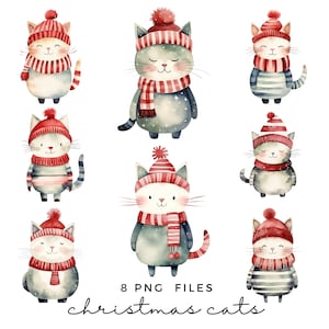 Clipart de chats de Noël - clipart mignons chats festifs - aquarelles modernes pour les fêtes - Illustration pour enfants style scandinave - PNG transparent