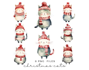 Christmas Cats Clipart - Cute Festive Cats Clip Art - Modern Watercolour Holiday Graphics - Scandi Style Kids Illustration - Transparent PNG