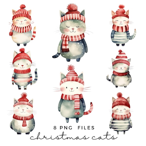 Christmas Cats Clipart - Cute Festive Cats Clip Art - Modern Watercolour Holiday Graphics - Scandi Style Kids Illustration - Transparent PNG