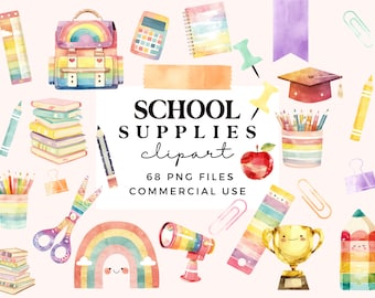 School Clipart Set - Watercolour School Supplies Clipart Bundle - Back To School PNG - Teacher Clipart - Rainbow Colours - Commercial Use