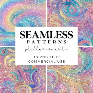 May include: A set of 18 seamless digital paper patterns featuring iridescent glitter swirls in shades of pink, blue, and yellow. The patterns are perfect for crafting, scrapbooking, and digital design projects.  "SEAMLESS PATTERNS glitter swirls 18 PNG FILES COMMERCIAL USE"