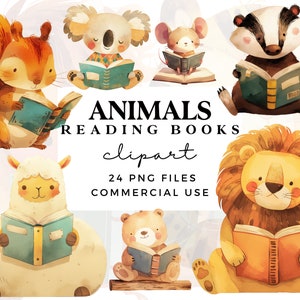 Clipart de livros de leitura de animais - clipart de animais fofos para arte de parede de berçário, convites para festas infantis, chás de bebê - uso comercial - aquarela