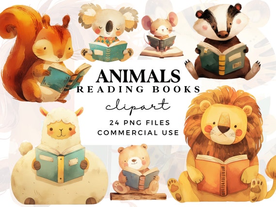 Animals Reading Books Clipart - Cute Animals Clipart for Nursery Wall Art, Kids Party Invites, Baby Showers - Commercial Use - Watercolour