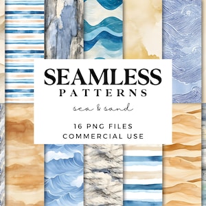 May include: A collection of watercolor seamless patterns with sea and sand themes. The patterns include images of waves, sand, wood, and stripes in shades of blue, beige, and brown. The text on the image reads "SEAMLESS PATTERNS sea & sand 16 PNG FILES COMMERCIAL USE."