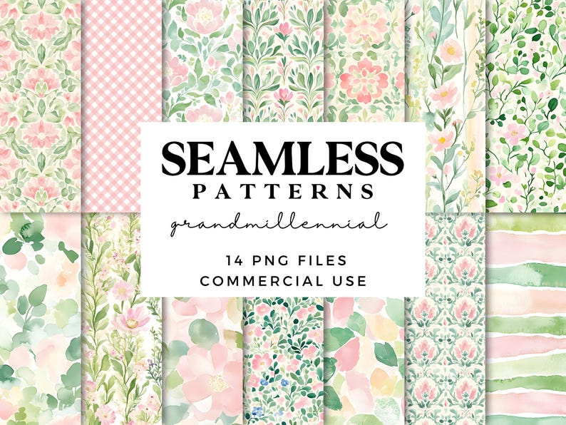 May include: A collection of 14 seamless digital patterns featuring watercolor illustrations of pink flowers and green leaves. The patterns are perfect for crafting, scrapbooking, and digital design projects. The text "SEAMLESS PATTERNS grandmillennial 14 PNG FILES COMMERCIAL USE" is displayed on a white background.