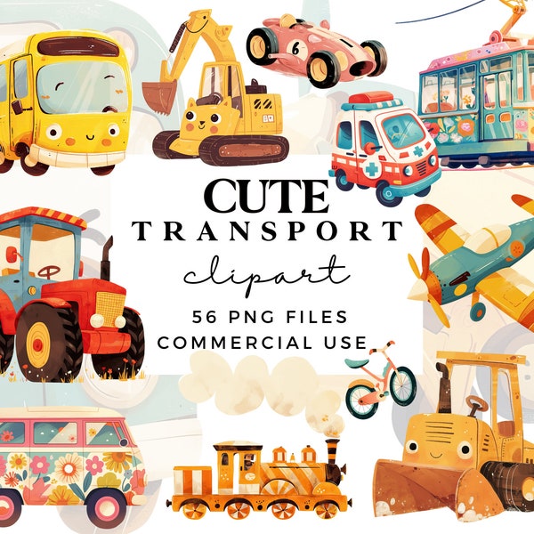 Bundle de cliparts transport mignon - Clipart chambre d'enfant voiture - Clipart véhicule - Transport PNGs - Clipart aquarelle - usage Commercial