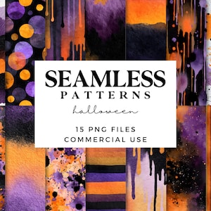 Puede incluir: Colección de patrones sin costuras con temática de Halloween. Los diseños presentan texturas de acuarela en tonos morados, naranjas y negros. La imagen incluye el texto: "SEAMLESS PATTERNS Halloween 15 PNG FILES COMMERCIAL USE."