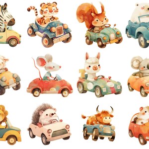 May include: A collection of watercolor illustrations featuring various animals driving colorful toy cars. The animals include a zebra, tiger, squirrel, polar bear, sheep, mouse, llama, koala, lion, hedgehog, bull, and hamster.