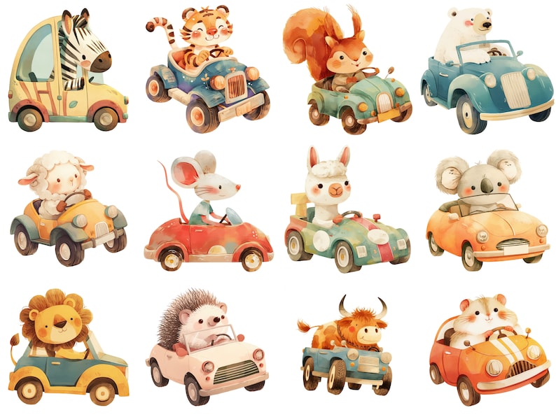 May include: A collection of watercolor illustrations featuring various animals driving colorful toy cars. The animals include a zebra, tiger, squirrel, polar bear, sheep, mouse, llama, koala, lion, hedgehog, bull, and hamster.