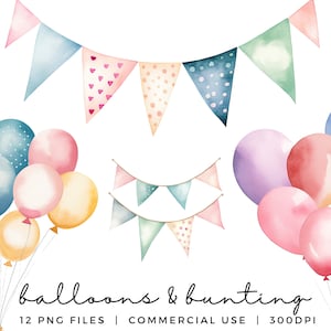Ballonnen en vlaggenlijn clipartbundel voor kinderfeestjes - pastel aquarel ballonnen Clip Art Set - transparante png-bestanden - commercieel gebruik