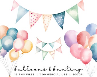 Balloons and Bunting Clipart Bundle for Kids Parties - Pastel Watercolour Balloons Clip Art Set - Transparent PNG Files - Commercial Use