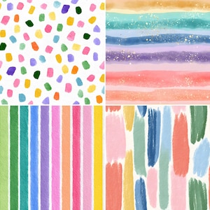 May include: A collage of four watercolor patterns. The top left features colorful, irregular dots. The top right shows horizontal stripes in shades of blue, purple, and pink. The bottom left has vertical stripes, and the bottom right has brushstrokes.