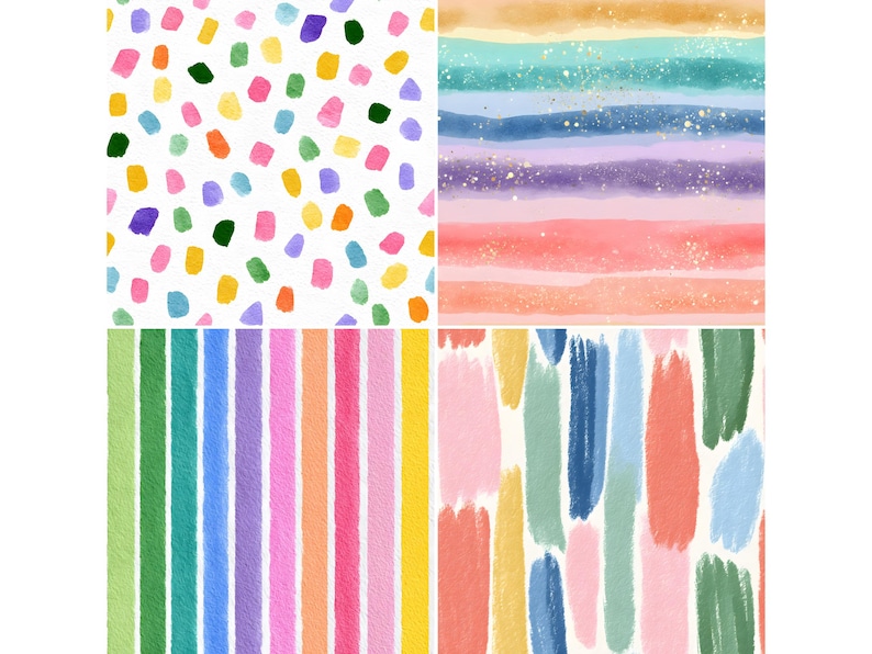 May include: A collage of four watercolor patterns. The top left features colorful, irregular dots. The top right shows horizontal stripes in shades of blue, purple, and pink. The bottom left has vertical stripes, and the bottom right has brushstrokes.