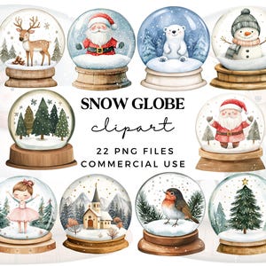 Pacchetto di clipart di simpatici globi di neve natalizi - Clip art di globi di neve con pupazzo di neve - Clip art di Babbo Natale - Clipart di alberi di Natale - File PNG trasparenti