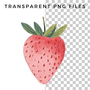 May include: A watercolor illustration of a red strawberry with green leaves. The strawberry is depicted in a realistic style with a detailed texture.