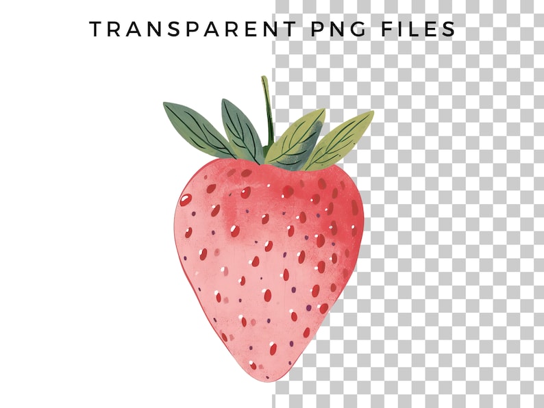 May include: A watercolor illustration of a red strawberry with green leaves. The strawberry is depicted in a realistic style with a detailed texture.