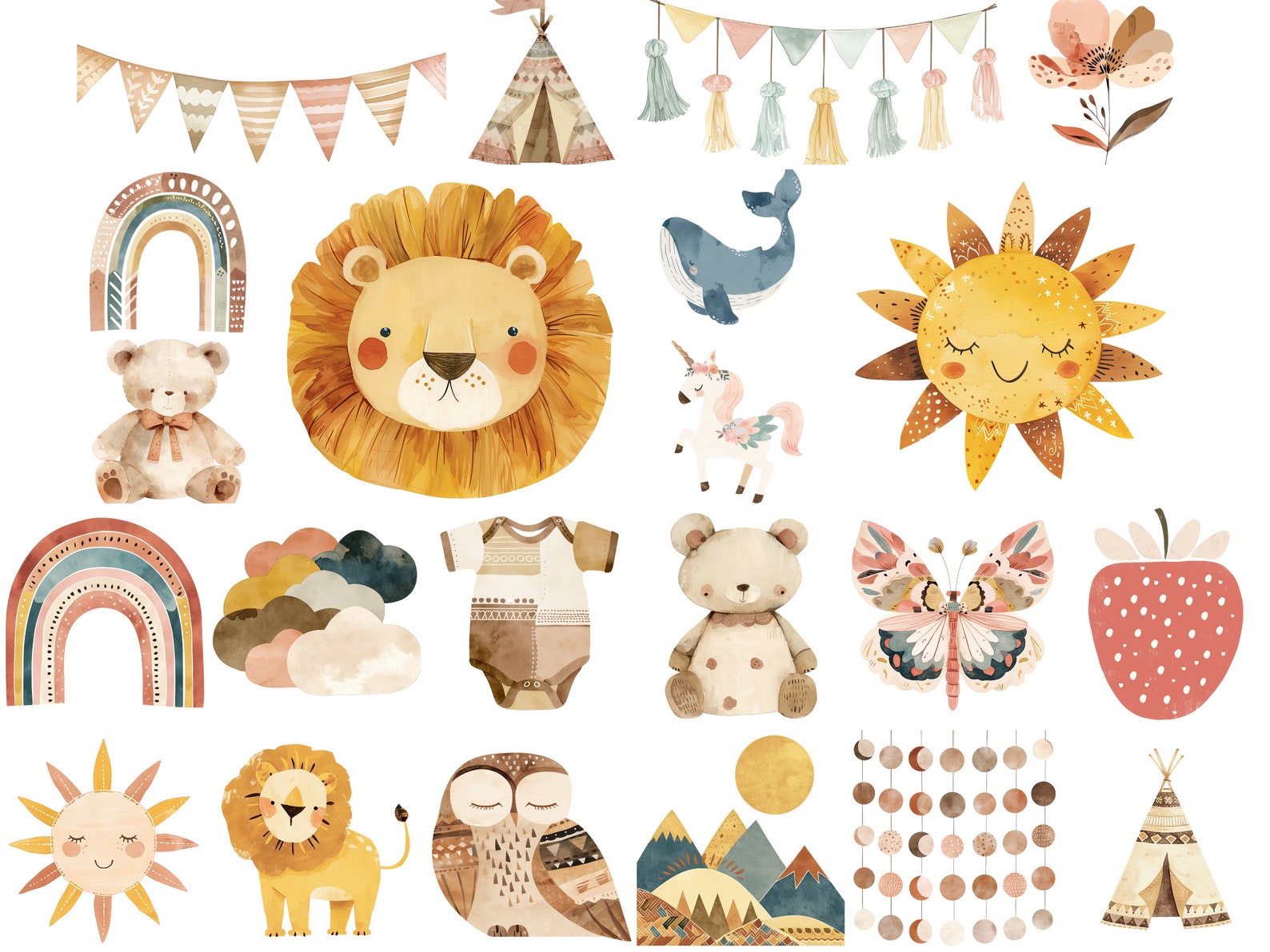 Boho Baby Clipart Bundle - Watercolour Nursery Animal Clip Art - Cute ...