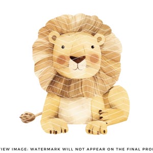 May include: A watercolor illustration of a cute cartoon lion with a light brown mane and a light brown body. The lion is sitting with its paws in front of it and has a friendly expression on its face.