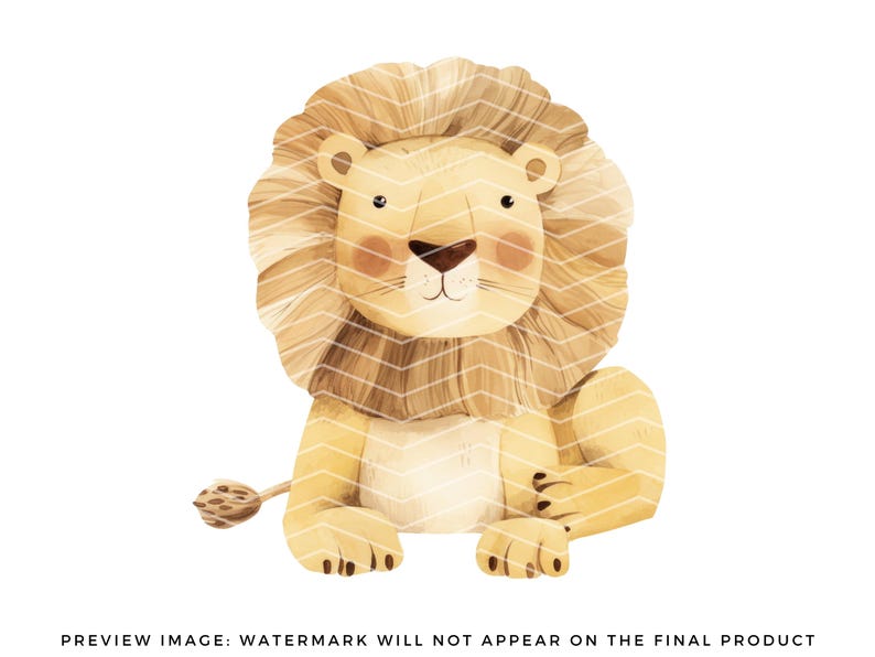 May include: A watercolor illustration of a cute cartoon lion with a light brown mane and a light brown body. The lion is sitting with its paws in front of it and has a friendly expression on its face.