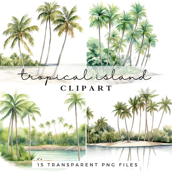 Travel Clipart - Tropical Island Clipart Bundle - Vacation Clip Art - Palm Trees - Seaside Watercolour Illustration - Commercial Use PNGs