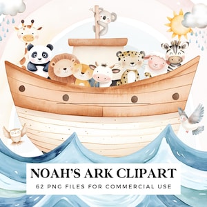 Lindo set de imágenes prediseñadas del Arca de Noé - Animales y barco en acuarela - Imágenes prediseñadas de historias bíblicas - Gráficos para crear escenas - Arte mural para guardería - Uso comercial