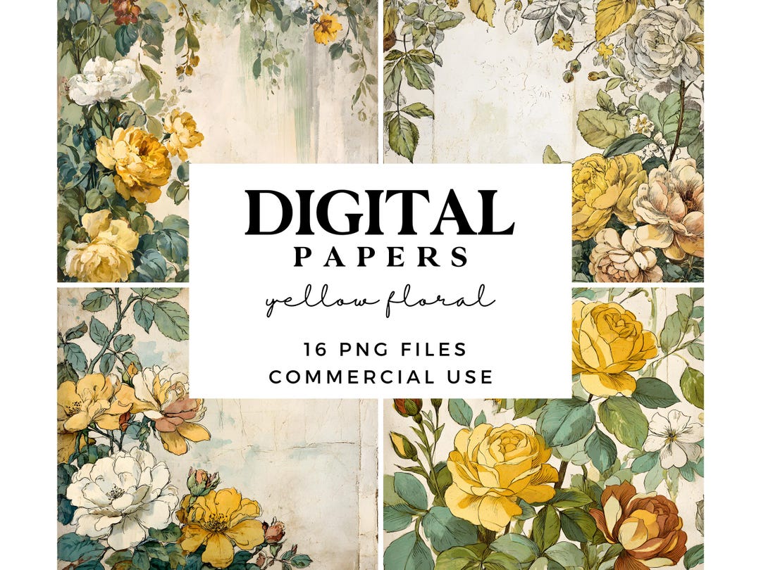 Yellow Floral Ephemera Digital Paper - Printable Junk Journal Sheets ...