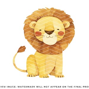 May include: A watercolor illustration of a cartoon lion with a brown mane and a yellow body. The lion is sitting with its tail curled behind it and has a friendly expression on its face.