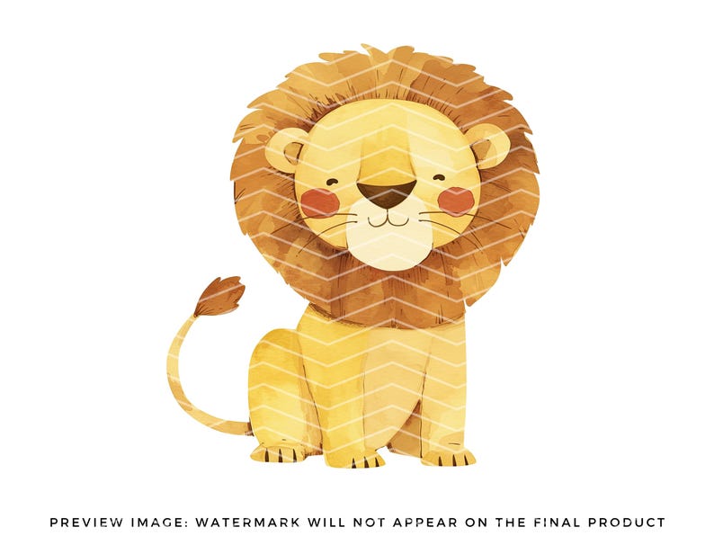 May include: A watercolor illustration of a cartoon lion with a brown mane and a yellow body. The lion is sitting with its tail curled behind it and has a friendly expression on its face.