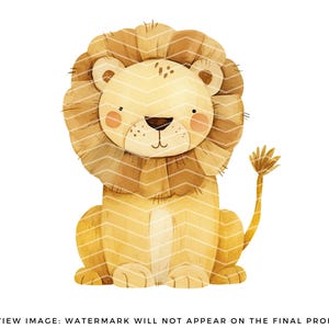 May include: A watercolor illustration of a cute cartoon lion with a brown mane and a light brown body. The lion is sitting with its tail curled behind it.