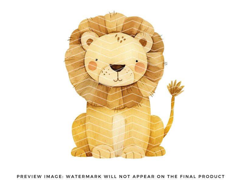 May include: A watercolor illustration of a cute cartoon lion with a brown mane and a light brown body. The lion is sitting with its tail curled behind it.